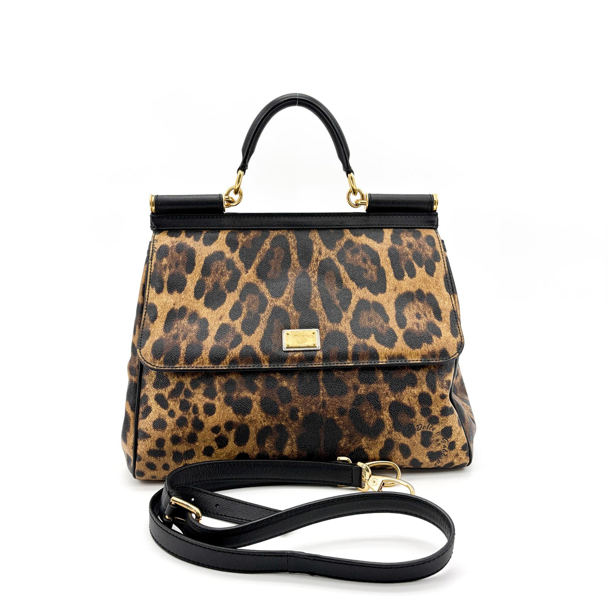 Dolce & Gabbana Miss Sicily Leopard Print Leather Brown Calfskin Handbag (Pre-Owned)