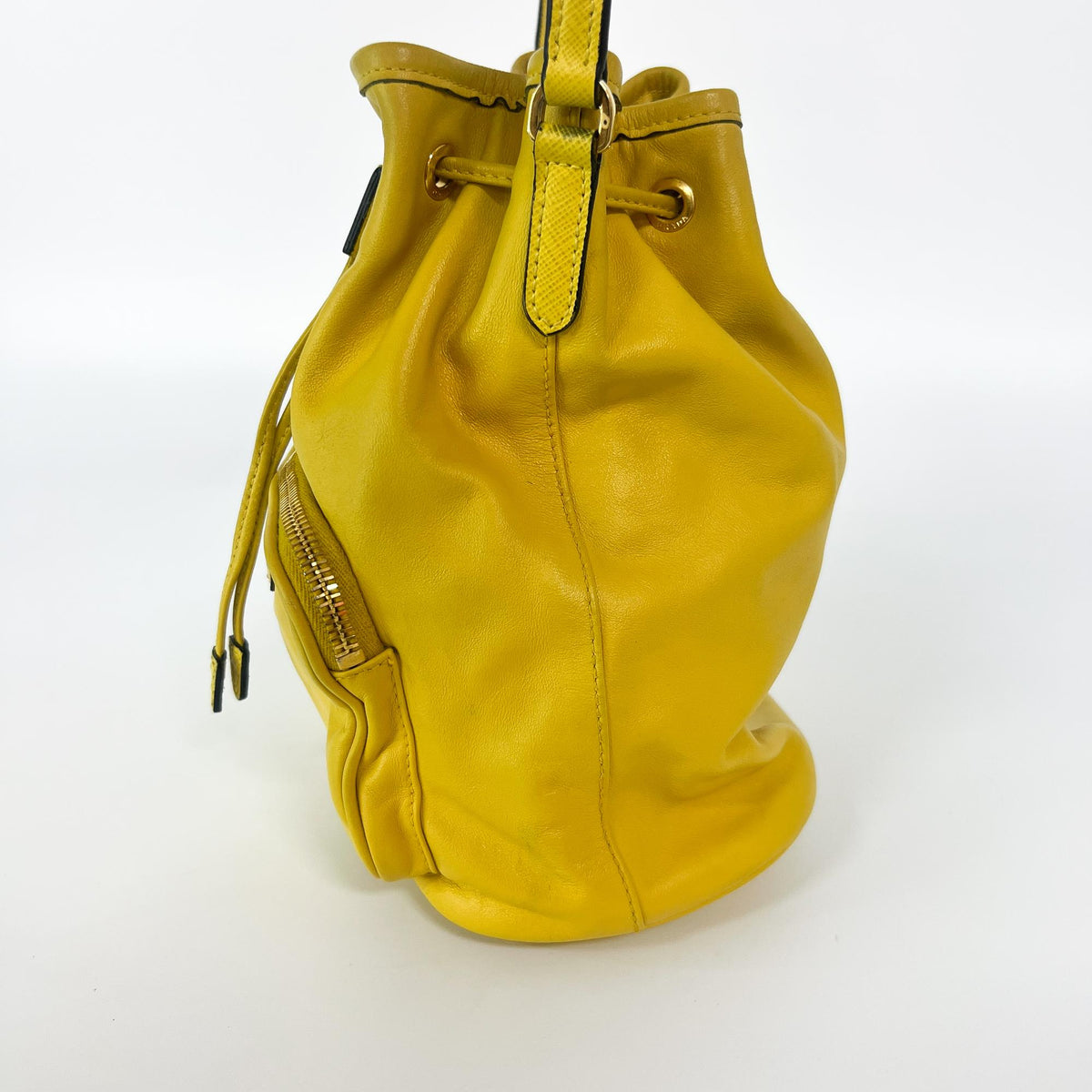 Prada Duet Drawstring Bucket Leather Yellow Leather Handbag (Pre-Owned)