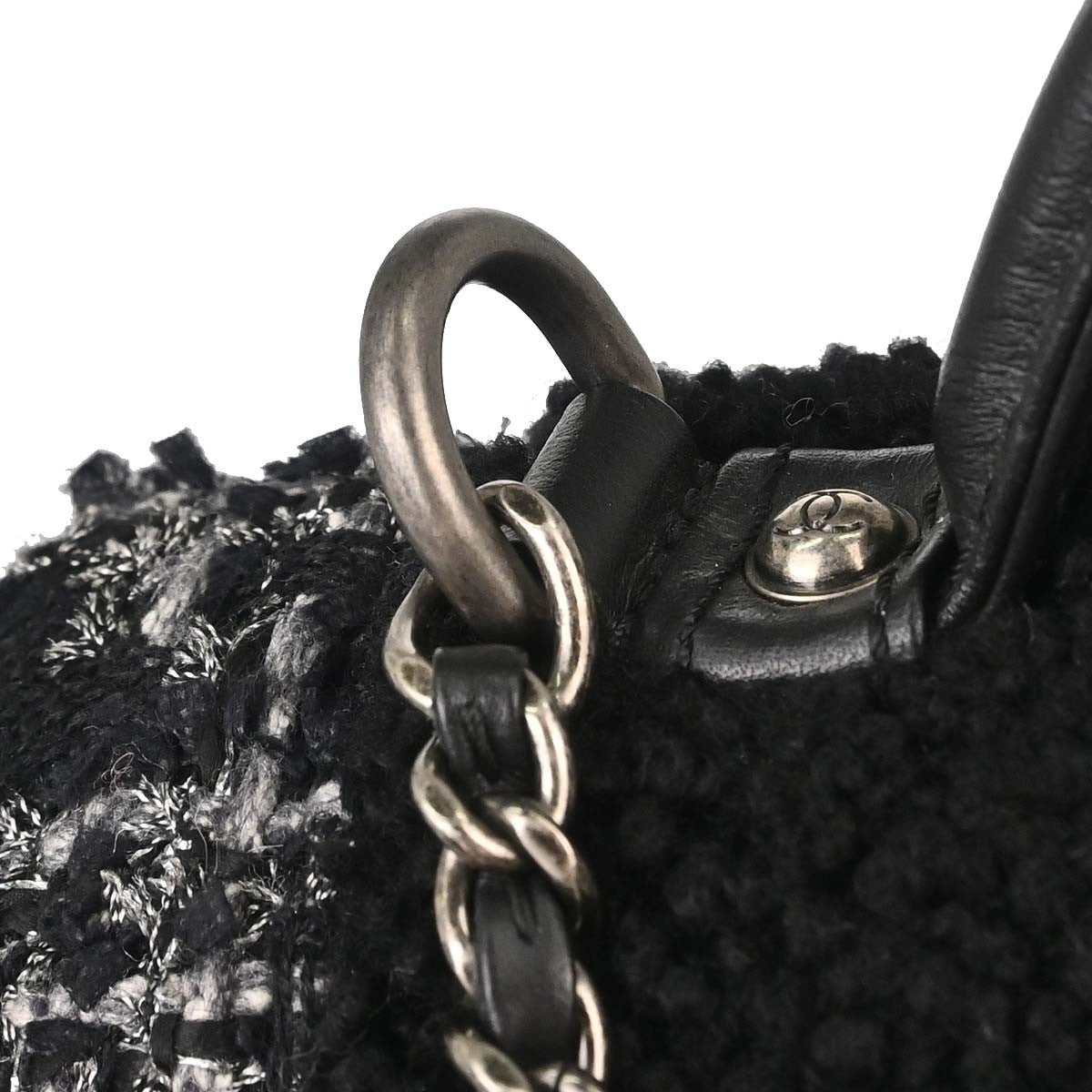 Chanel Top Handle Shearling With Tweed Black Tweed Handbag (Pre-Owned)