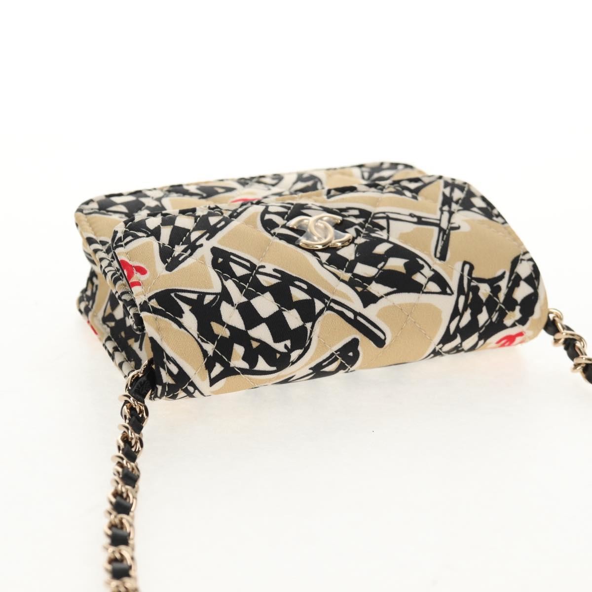 Chanel Flap Card Holder On Chain Quilted Printed Canvas Beige Satin Shoulder Bag Bag (Pre-Owned)