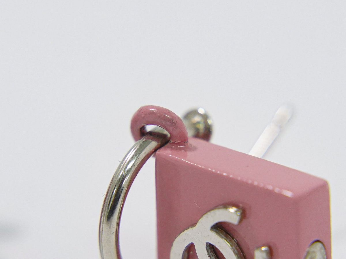 Chanel Vintage Cc Square Drop Metal With Enamel And Lace Silver Metal Earrings Jewelry (Pre-Owned)
