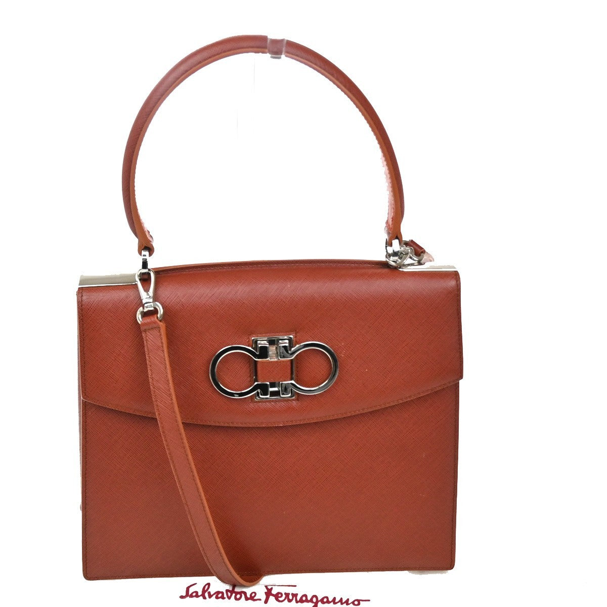 Salvatore Ferragamo Double Gancini Top Handle Saffiano Leather Brown Leather Handbag (Pre-Owned)