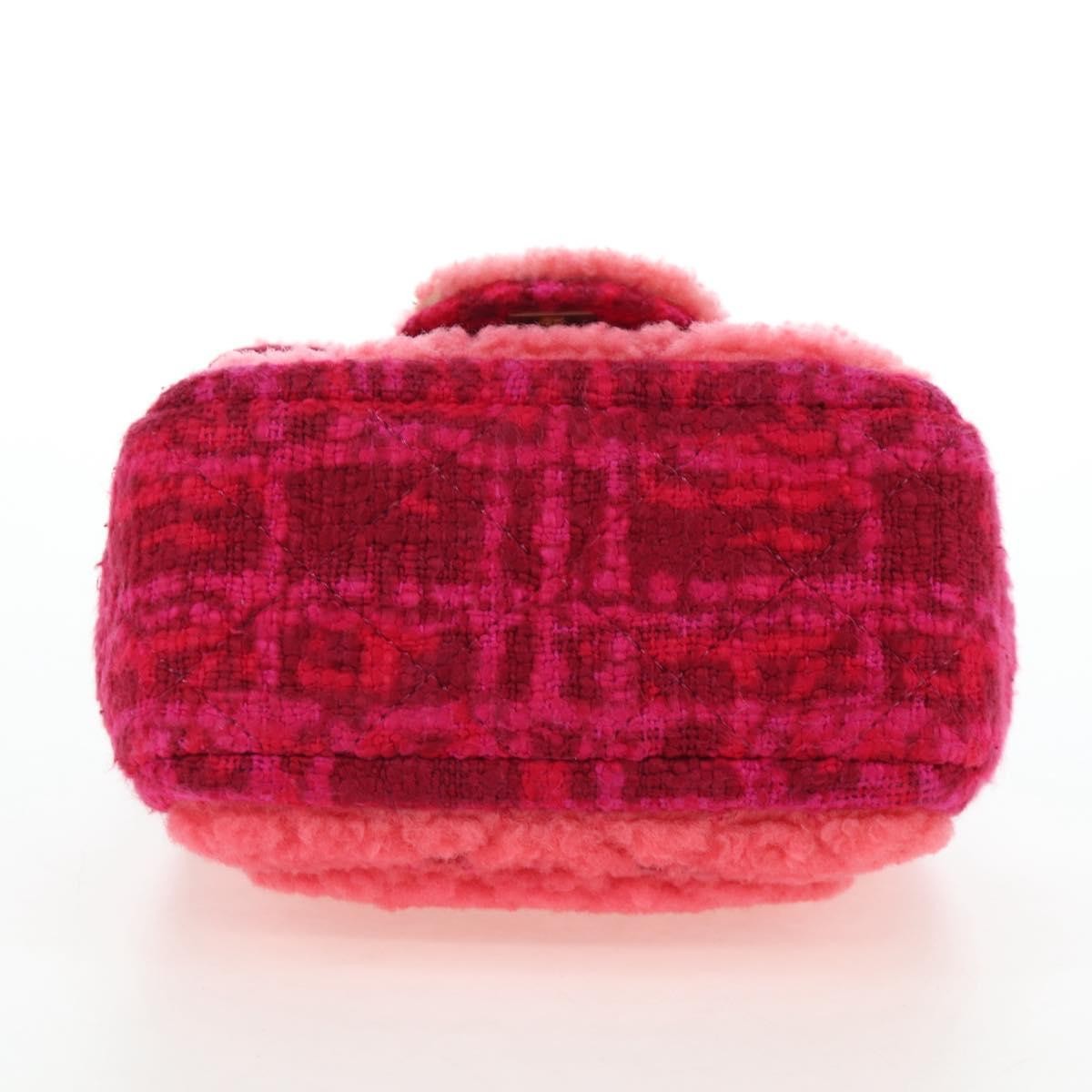 Chanel Vintage Square Classic Single Flap Quilted Shearling And Tweed Pink Canvas Handbag (Pre-Owned)