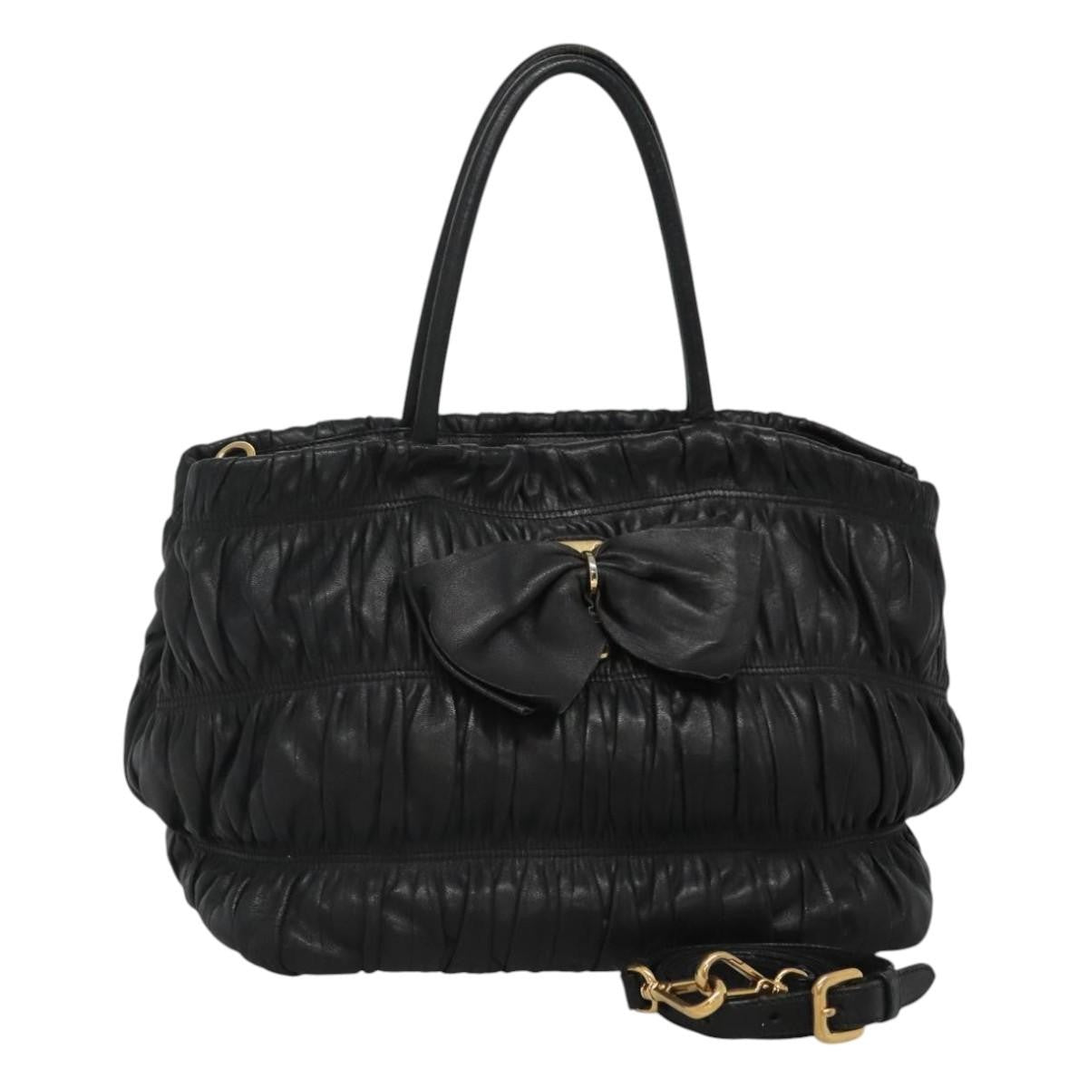 Prada Nappa Gaufre Bow Leather Black Leather Tote Bag Bag (Pre-Owned)