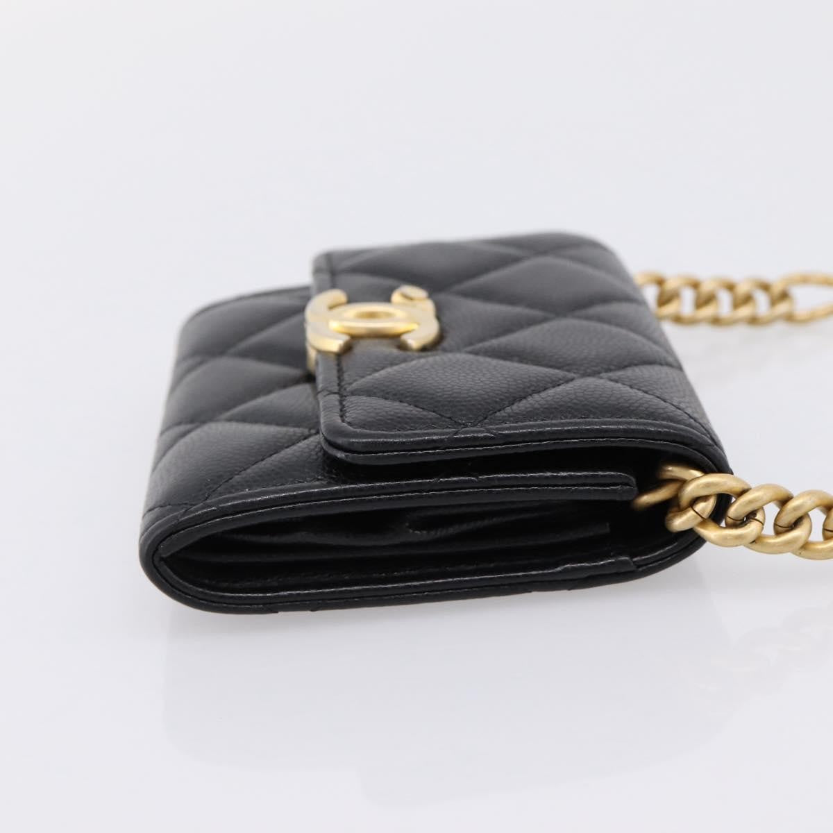 Chanel Plate Logo Cc Flap Card Holder On Chain Quilted Caviar Black Leather Clutche & Pouche Bag (Pre-Owned)
