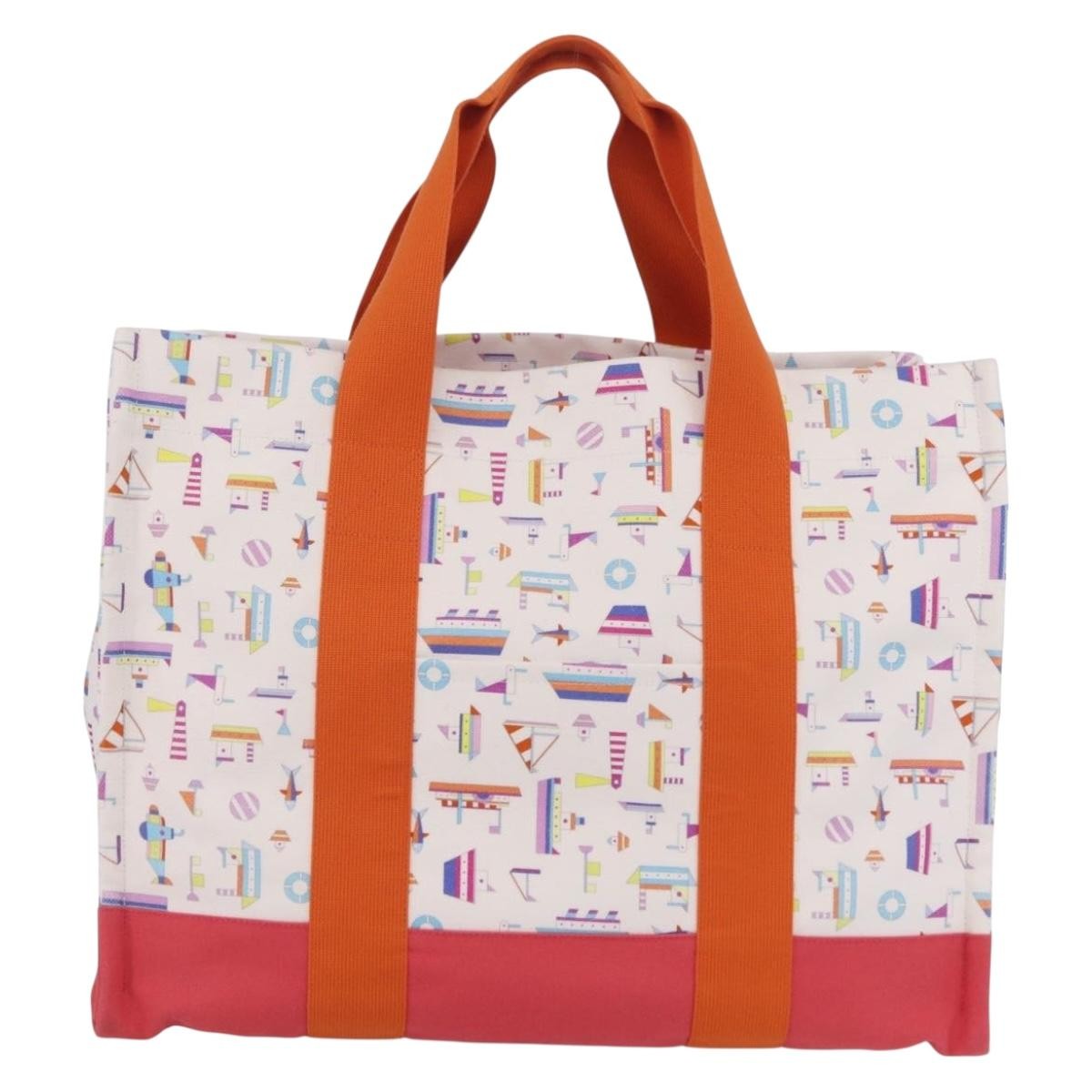 Hermes Beach Printed Toile White Canvas Tote Bag Bag (Pre-Owned)