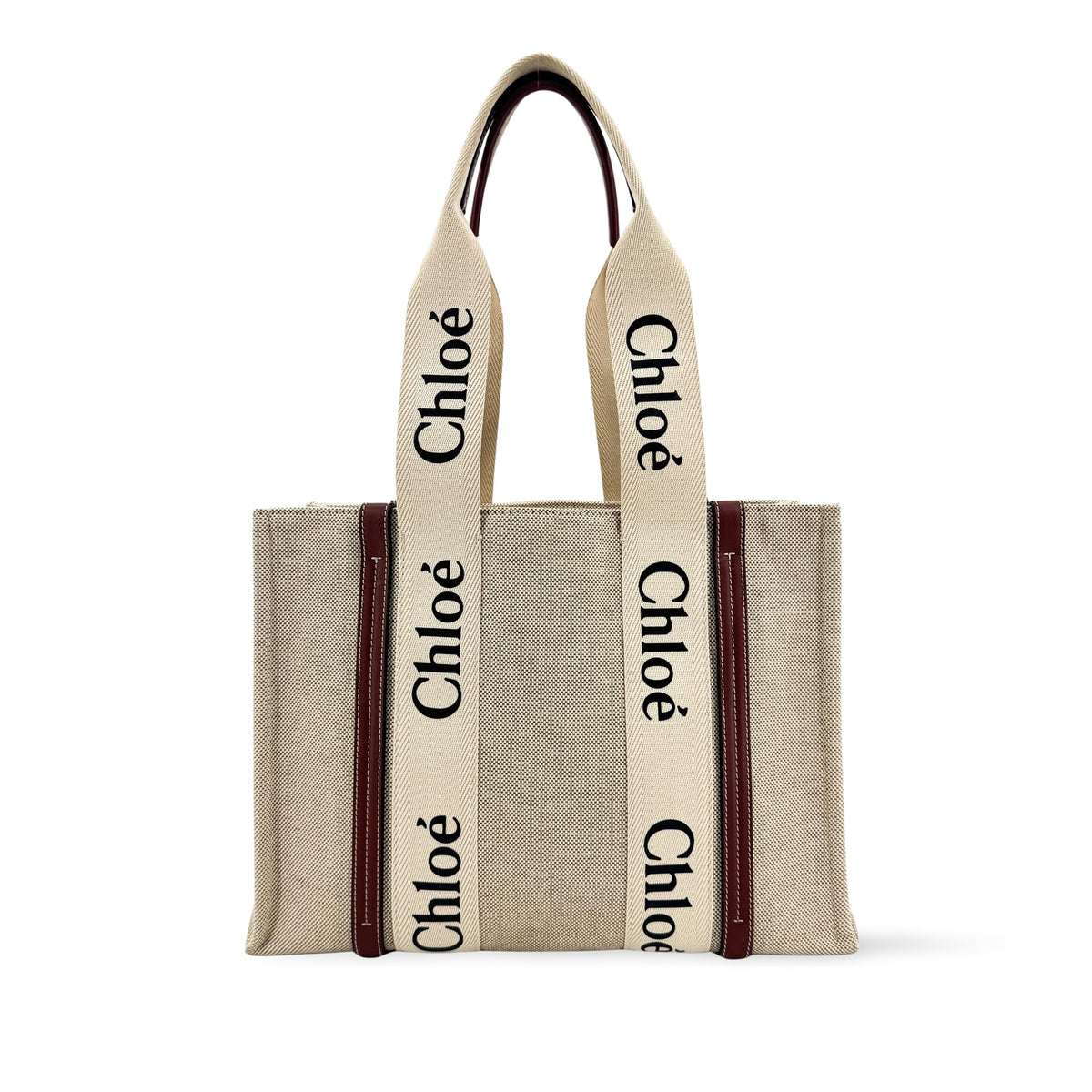 Chloe Woody Tote Canvas With Leather Beige Canvas Handbag (Pre-Owned)