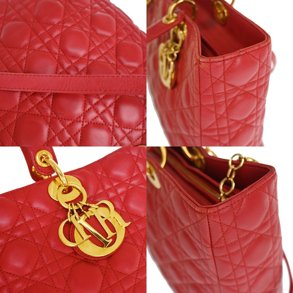 Christian Dior Vintage Lady Dior Cannage Quilt Lambskin Red Leather Bag (Pre-Owned)