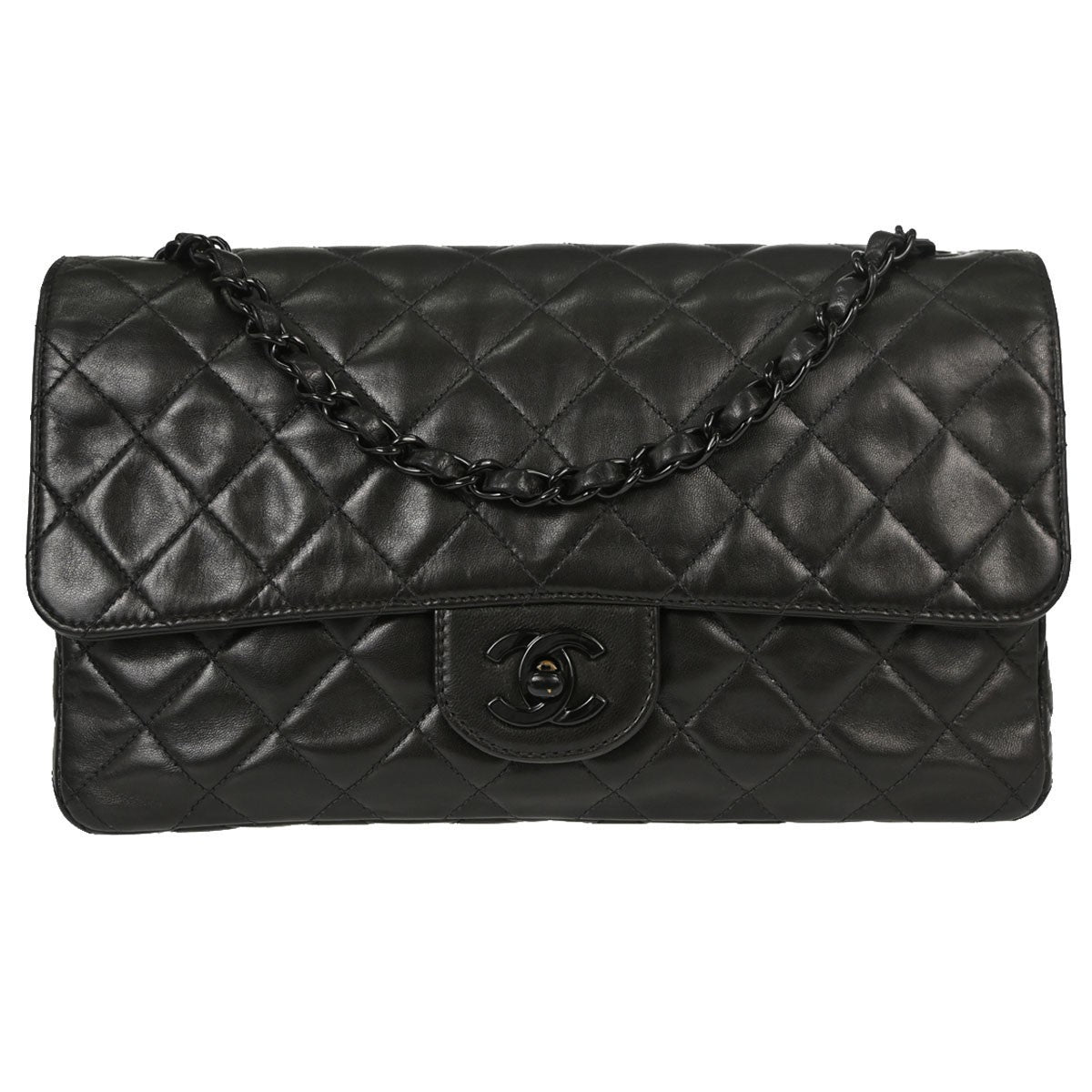 Chanel So Black Classic Single Flap Quilted Lambskin Black Leather Handbag (Pre-Owned)