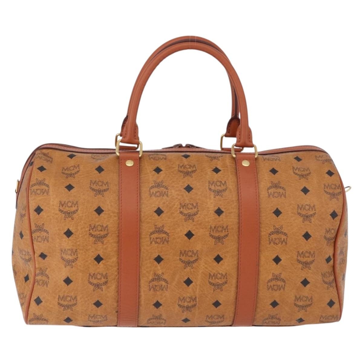 MCM Vicetos Logogram Boston Brown Leather Travel Bag Bag (Pre-Owned)