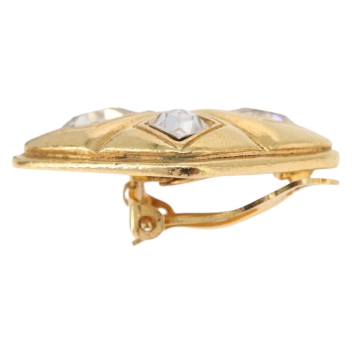Chanel Vintage Diamond Clip-On Metal With Crystals Gold Metal Earrings Jewelry (Pre-Owned)