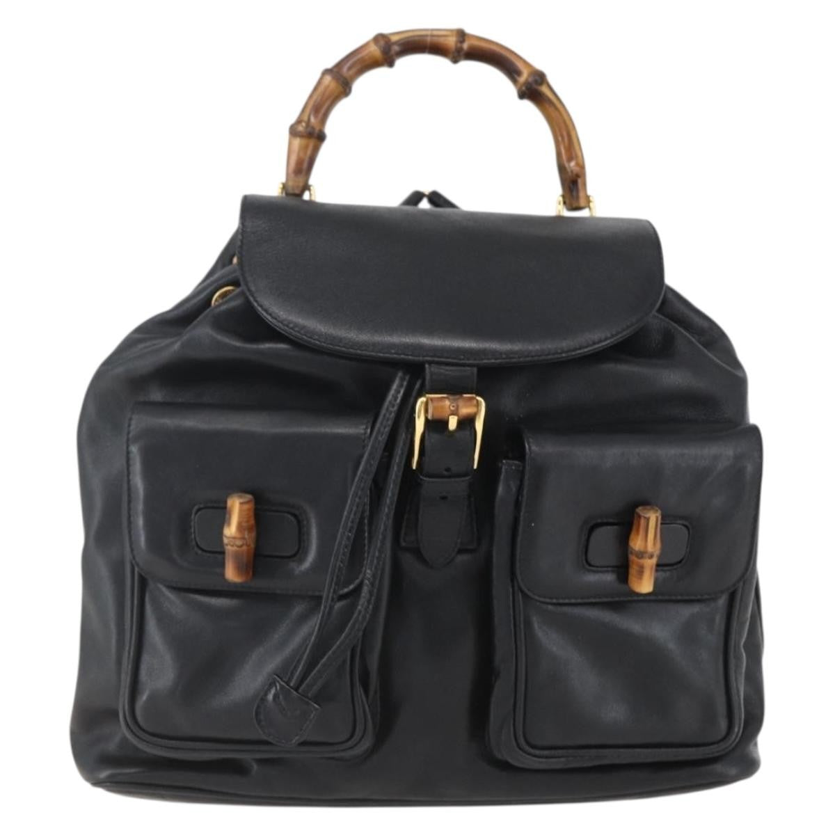 Gucci Vintage Bamboo Leather Black Leather Backpack Bag (Pre-Owned)