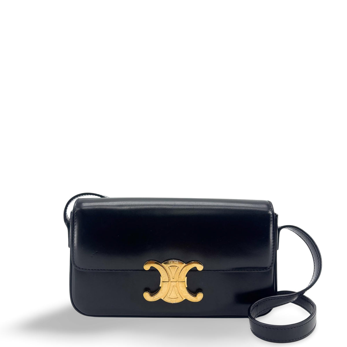 Celine Triomphe East-West Smooth Calfskin Black Leather Shoulder Bag Bag (Pre-Owned)