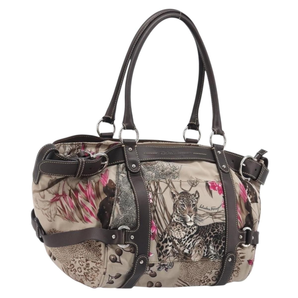 Salvatore Ferragamo Convertible Belted Boston Fiera Printed Nylon With Leather Beige Nylon Handbag (Pre-Owned)