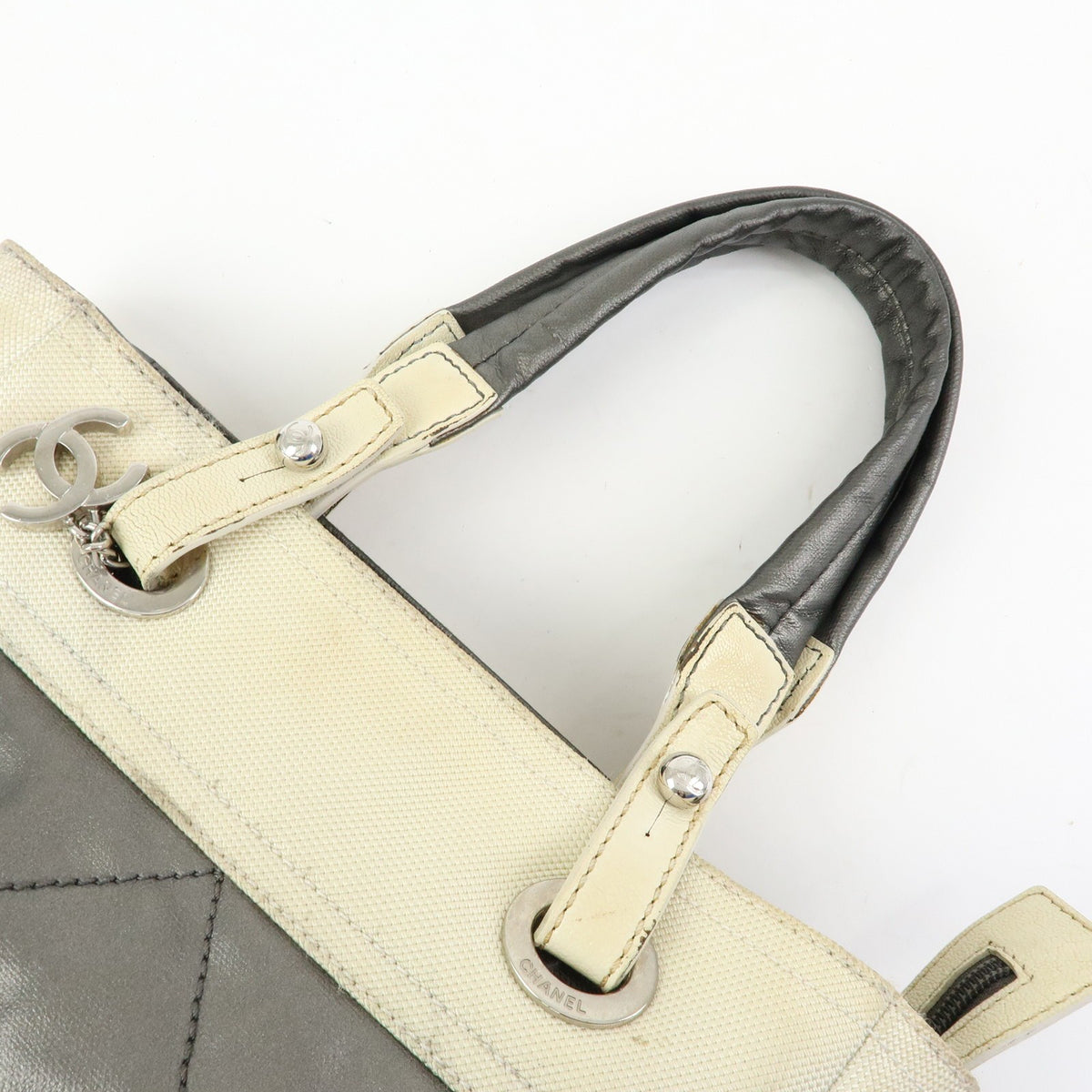 Chanel Biarritz Quilted Coated Canvas Gray Canvas Tote Bag Bag (Pre-Owned)