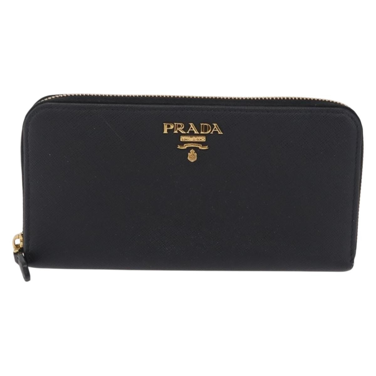 Prada Zip Around Tab Saffiano Leather Black Leather Wallets Accessory (Pre-Owned)