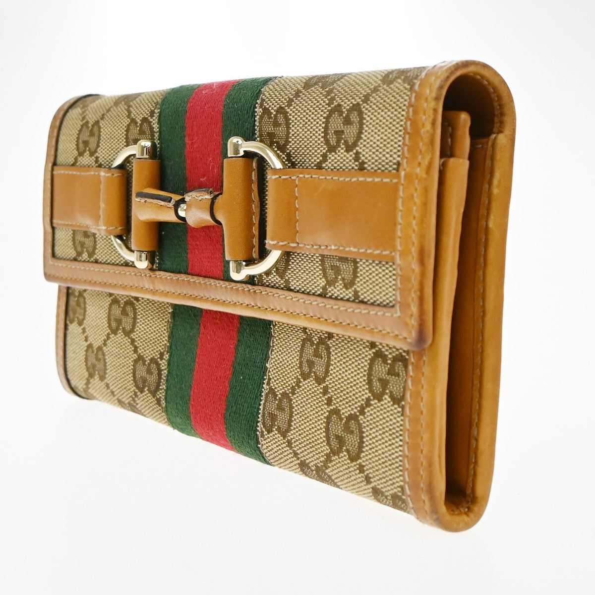Gucci Vintage Horsebit Continental Gg Canvas And Leather Brown Canvas Wallets Accessory (Pre-Owned)