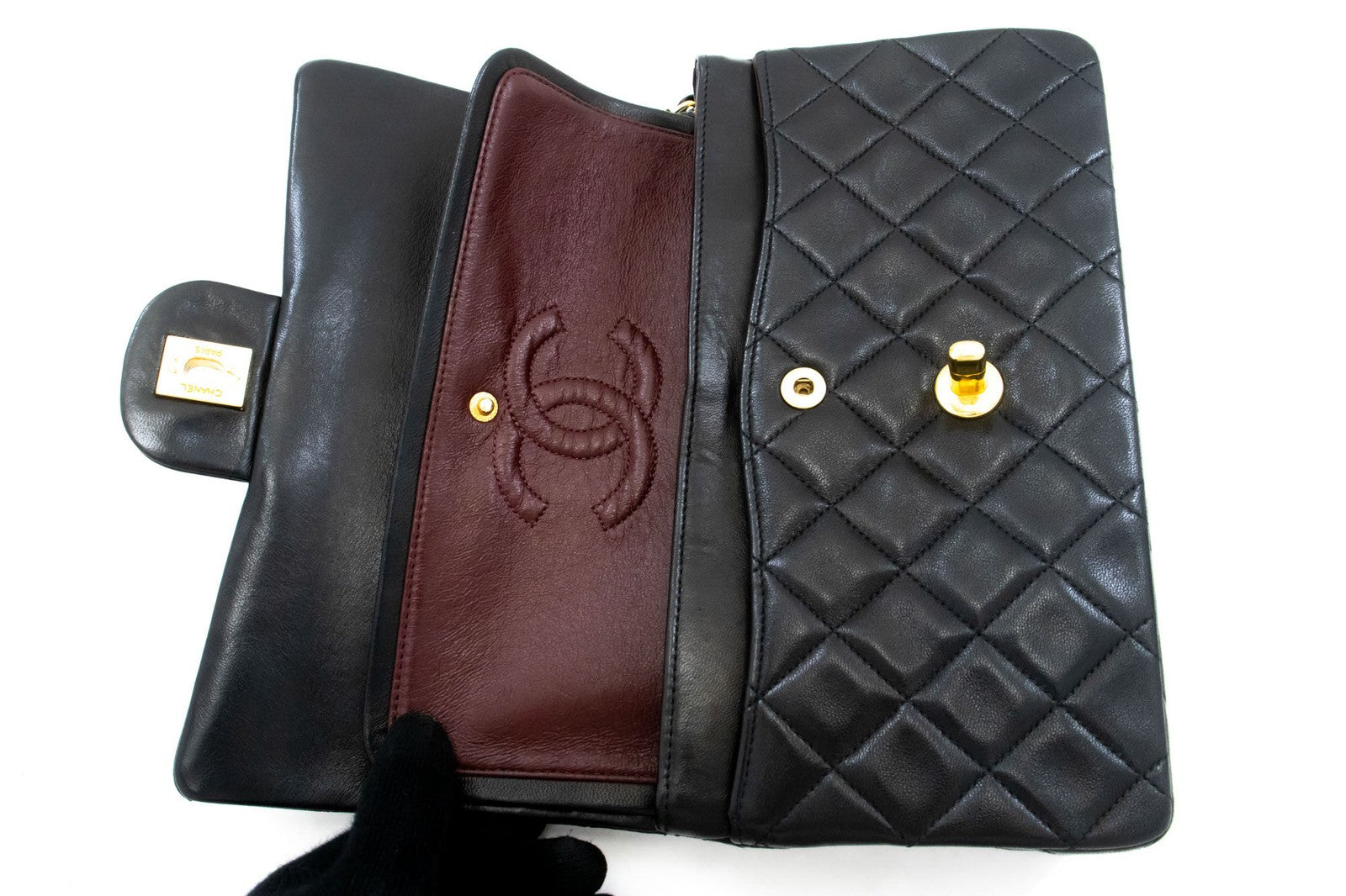 Chanel Vintage Classic Double Flap Quilted Lambskin Black Leather Shoulder Bag Bag (Pre-Owned)