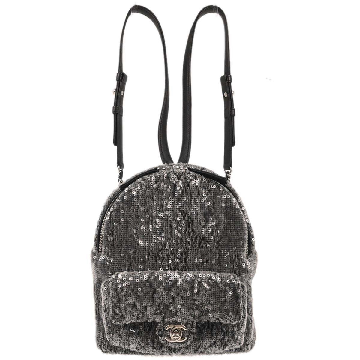 Chanel Waterfall Sequins With Leather Black Leather Backpack Bag (Pre-Owned)