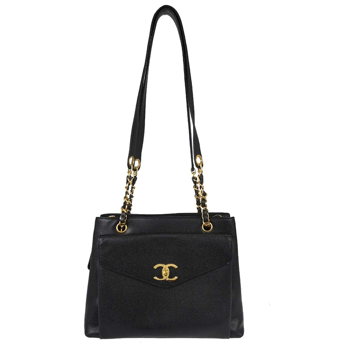 Chanel Vintage Front Pocket Tote Quilted Leather Black Leather Tote Bag Bag (Pre-Owned)