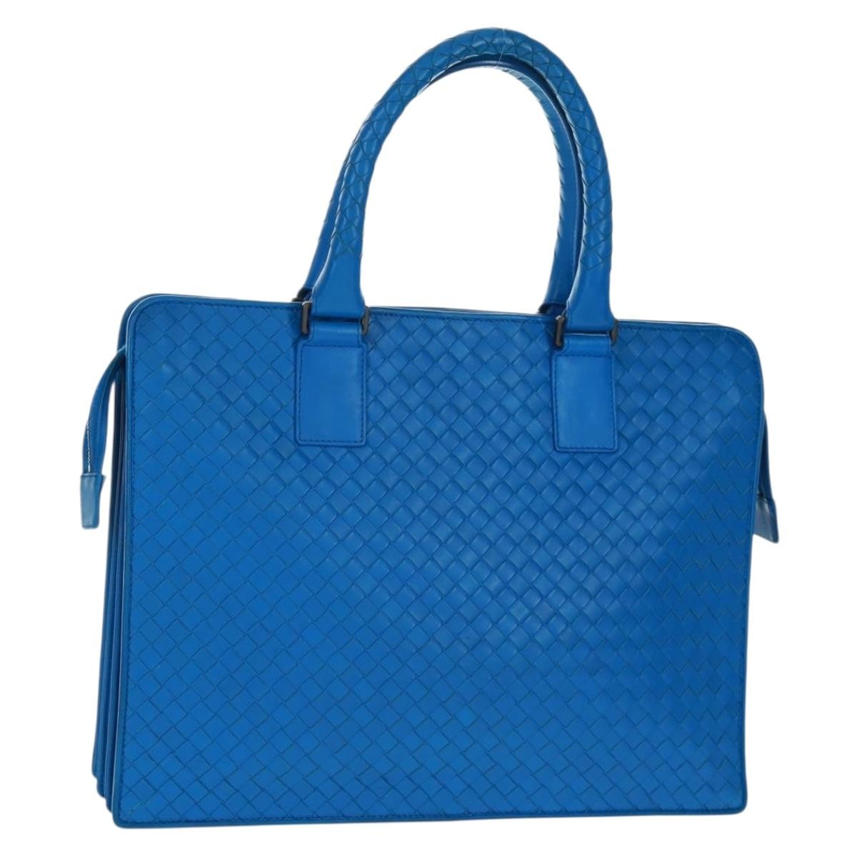 Bottega Veneta Top Zip Intrecciato Nappa Blue Leather Briefcase Bag (Pre-Owned)