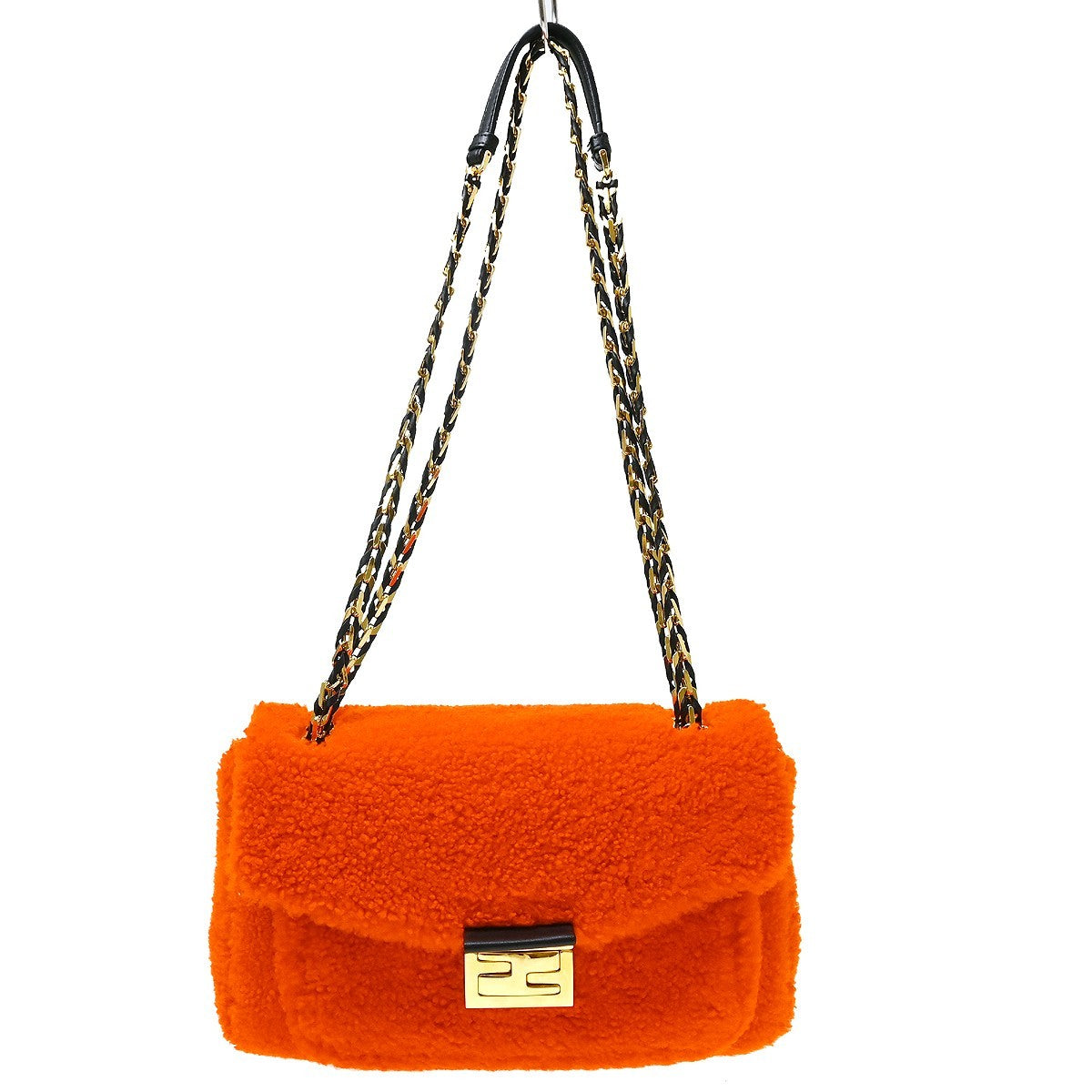 Fendi Be Baguette Flap Shearling Orange Wool Handbag (Pre-Owned)