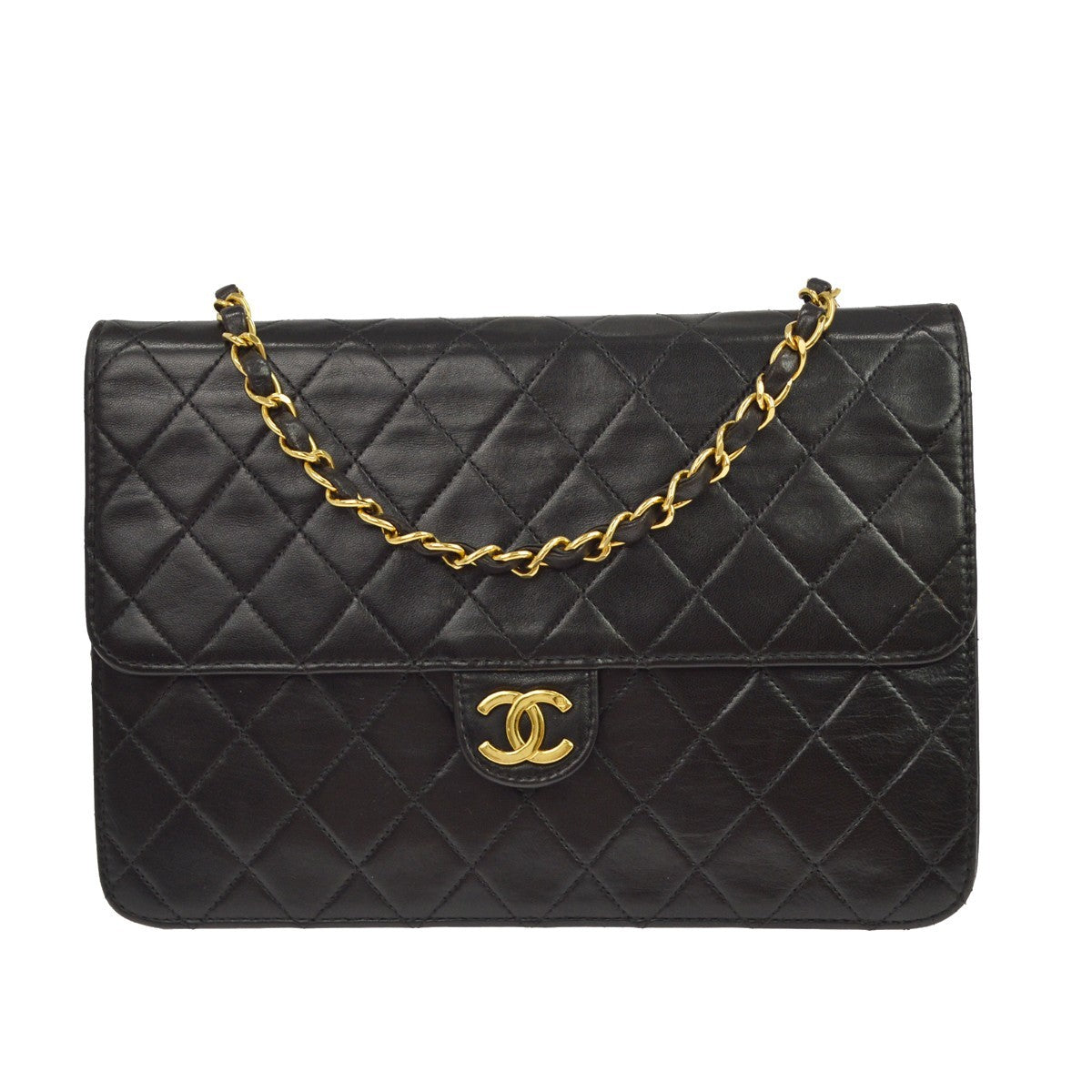 Chanel Vintage Classic Flap Quilted Lambskin Black Leather Shoulder Bag Bag (Pre-Owned)