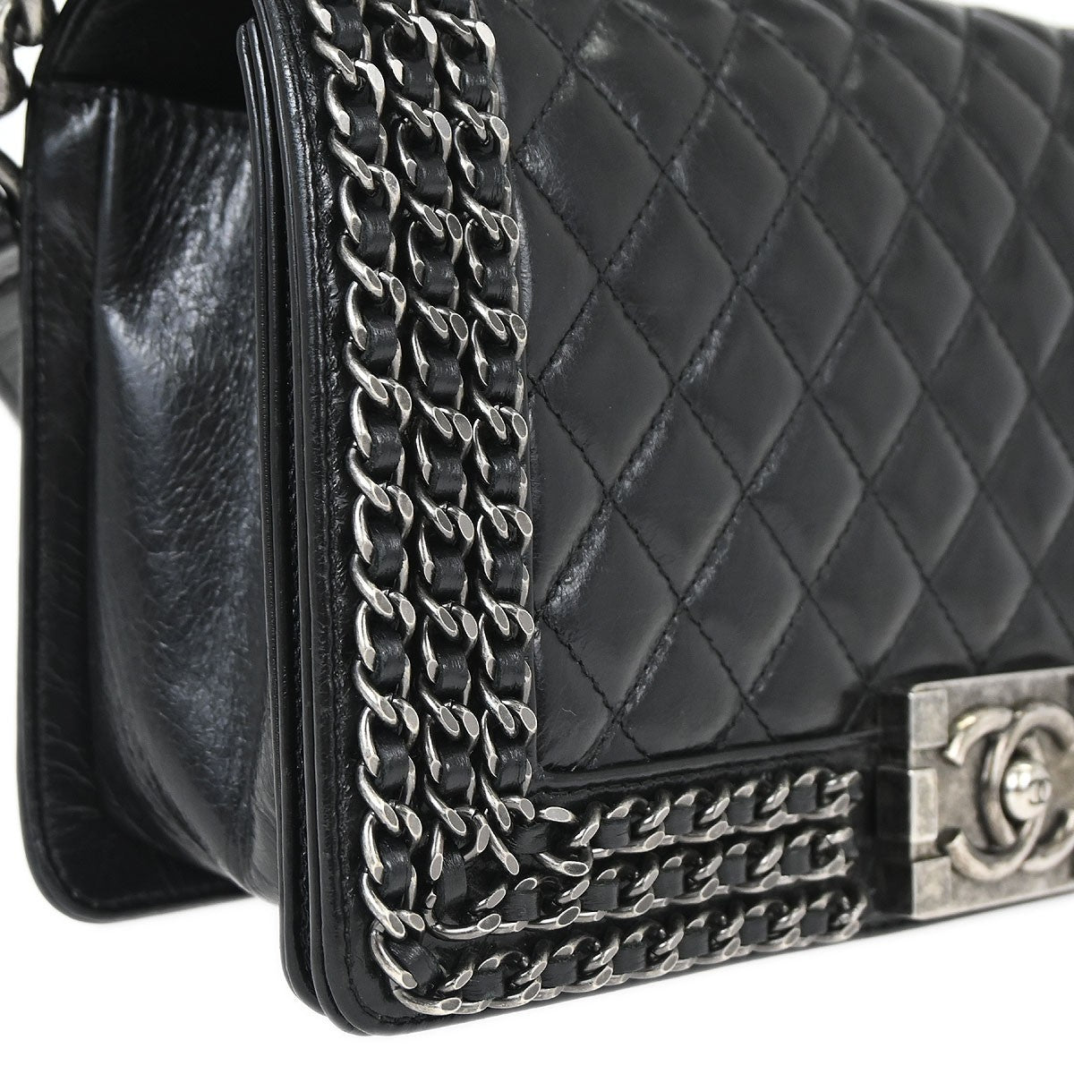 Chanel Boy Flap Quilted Glazed Calfskin Black Leather Handbag (Pre-Owned)
