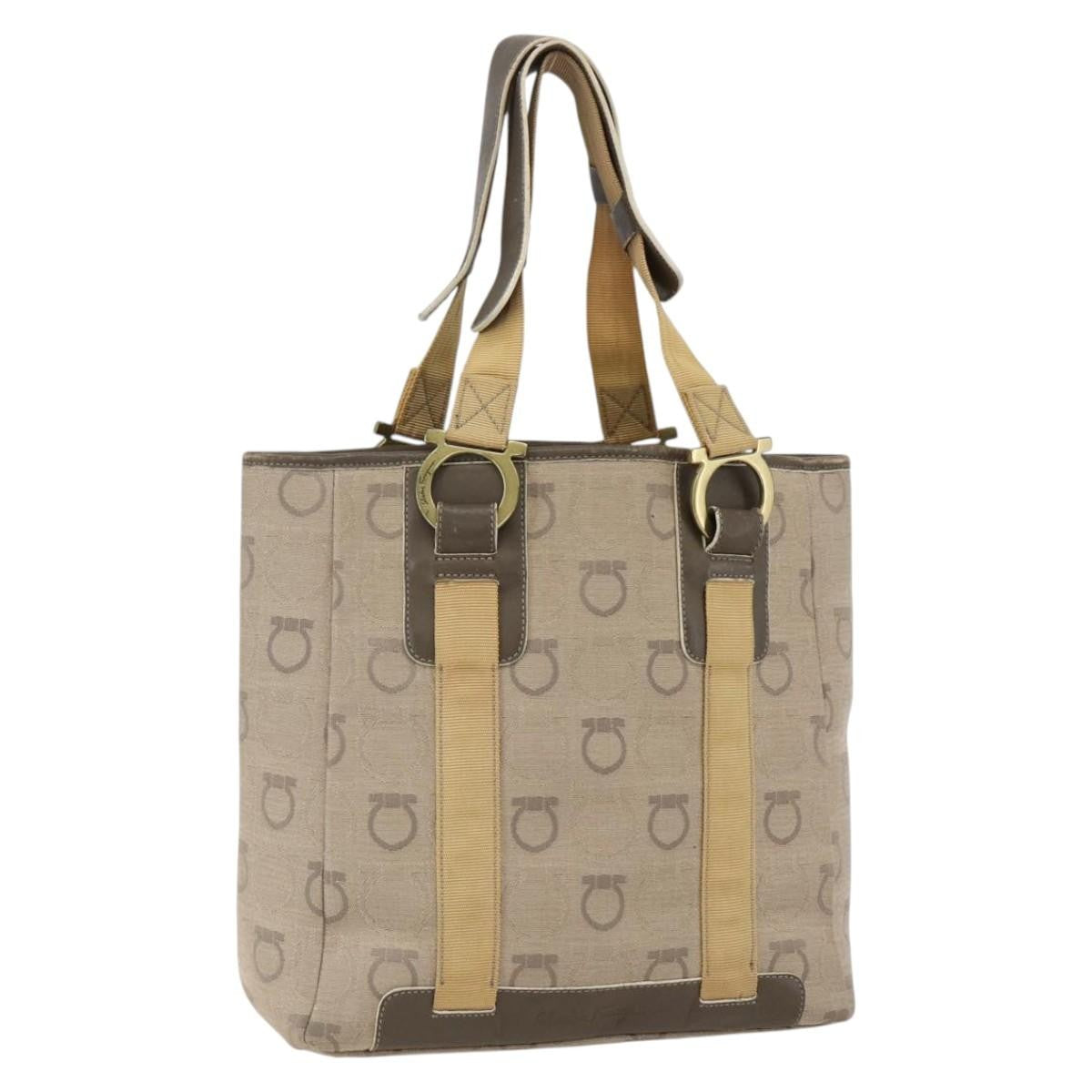 Salvatore Ferragamo Gancini Canvas Beige Canvas Handbag (Pre-Owned)