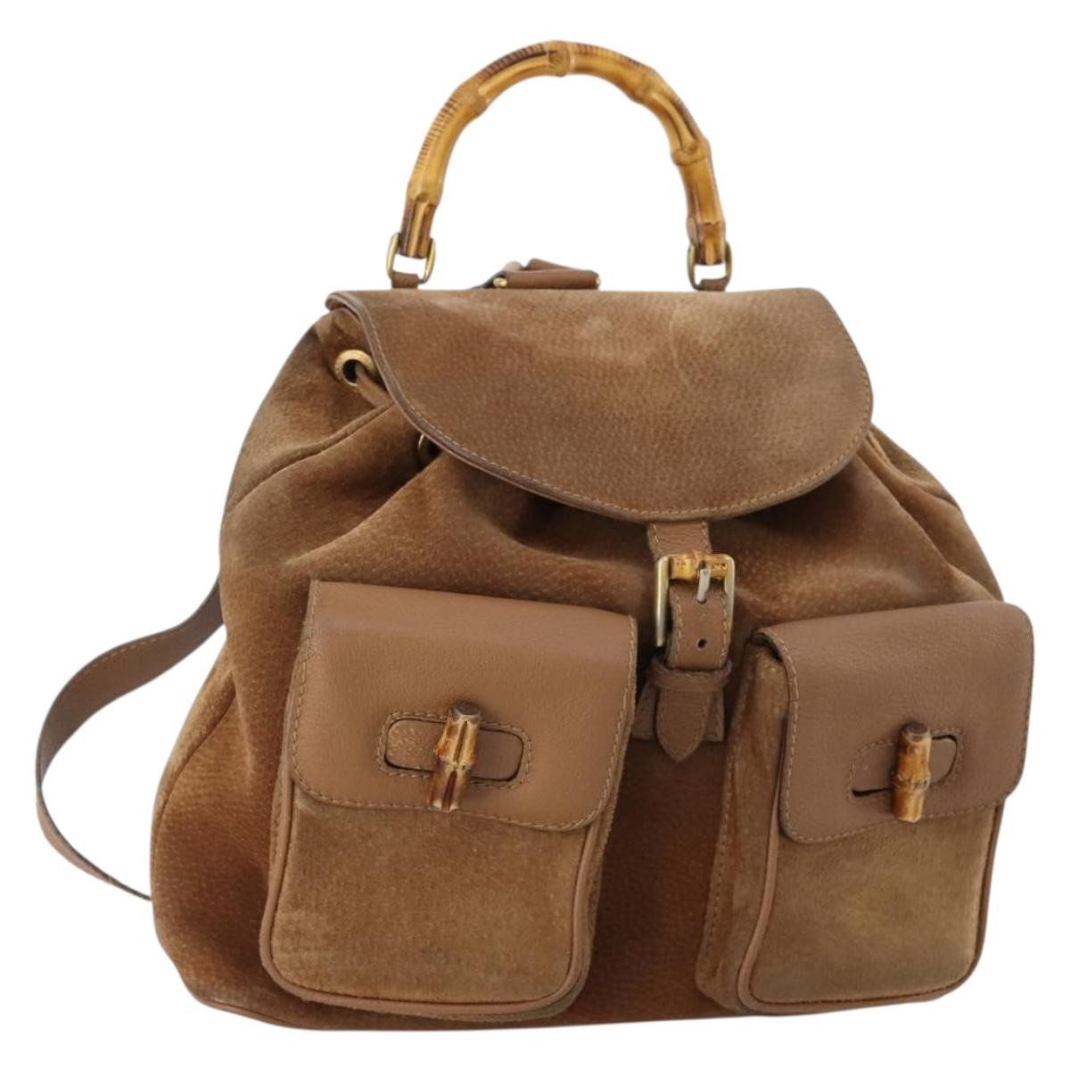 Gucci Vintage Bamboo Suede And Leather Brown Suede Backpack Bag (Pre-Owned)
