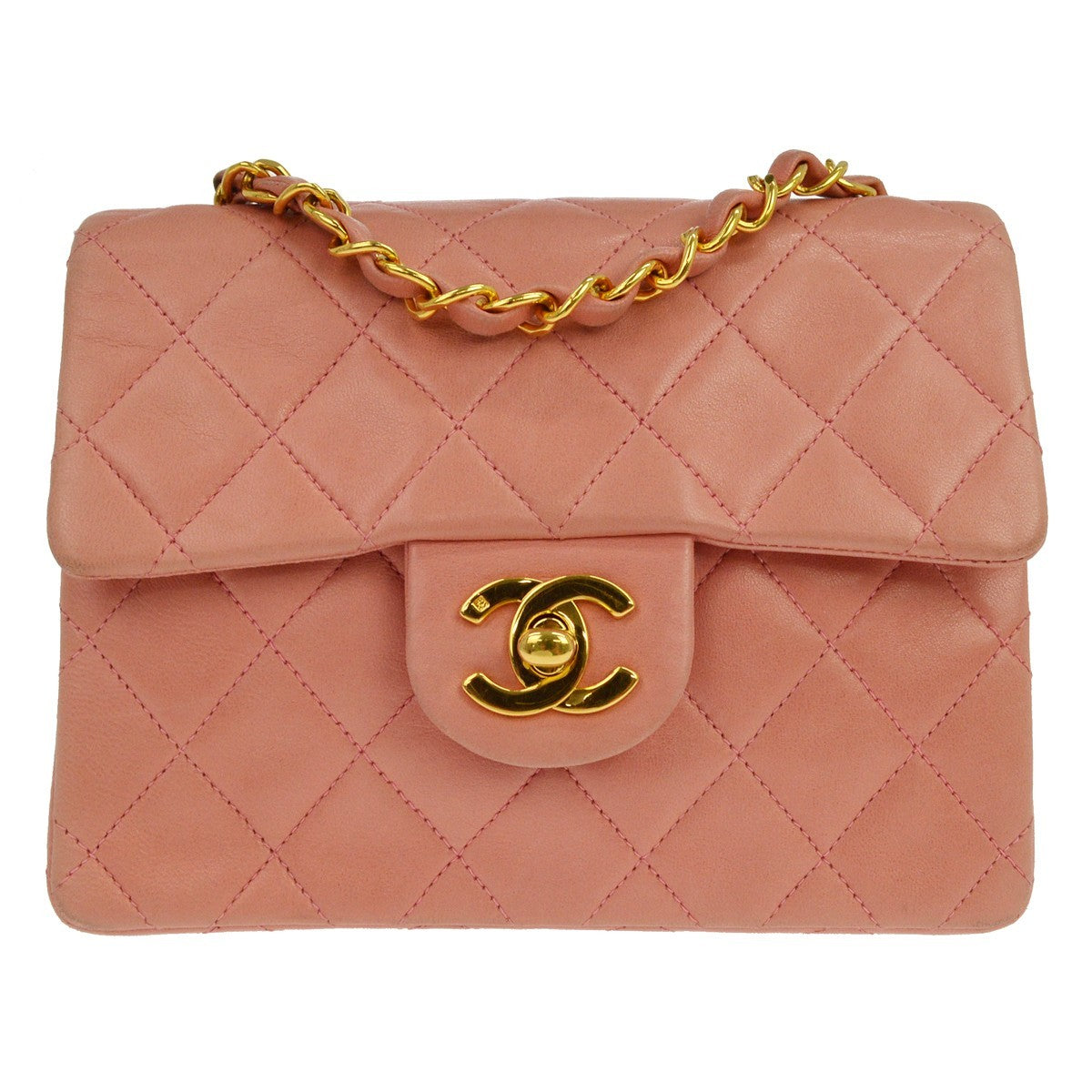 Chanel Vintage Square Classic Single Flap Quilted Lambskin Pink Leather Handbag (Pre-Owned)