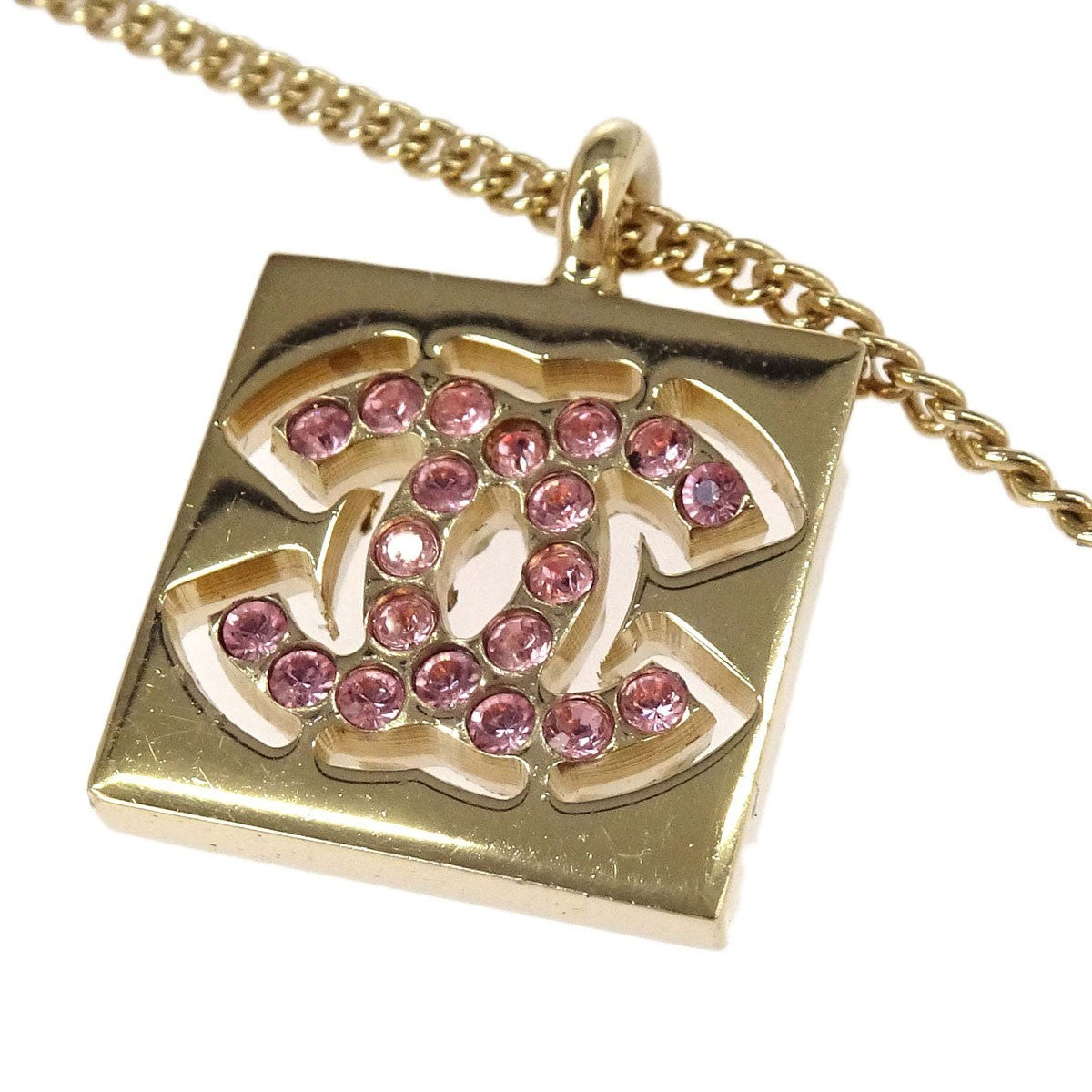 Chanel Cc Square Pendant Metal With Crystals Gold Gold_Plated Necklace Jewelry (Pre-Owned)
