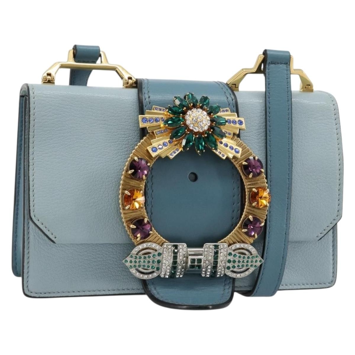 Miu Miu Madras Crystal Buckle Leather Blue Leather Shoulder Bag Bag (Pre-Owned)