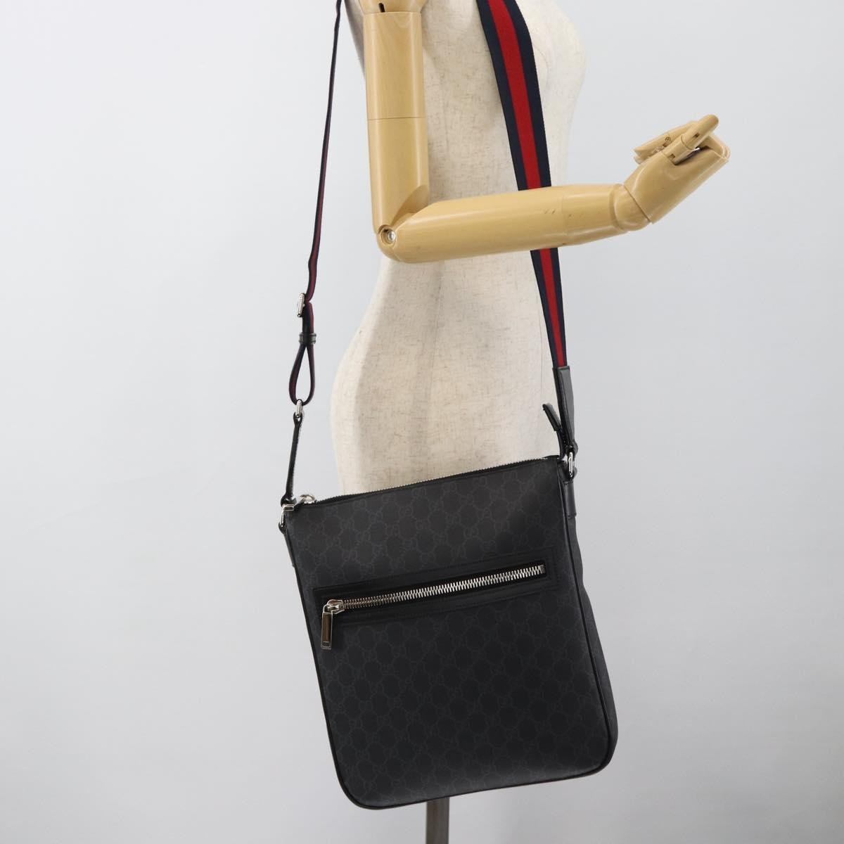 Gucci Sherry Line Shoulder Leather Black Canvas Handbag (Pre-Owned)