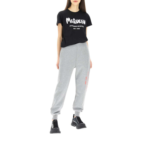 Alexander McQueen Elegant Graffiti Logo Grey Women's Sweatpants