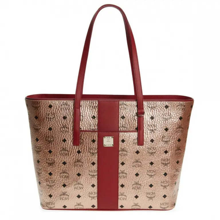 MCM Anya Champagne Gold Monogram Visetos Canvas Medium Tote Bag display picture 1