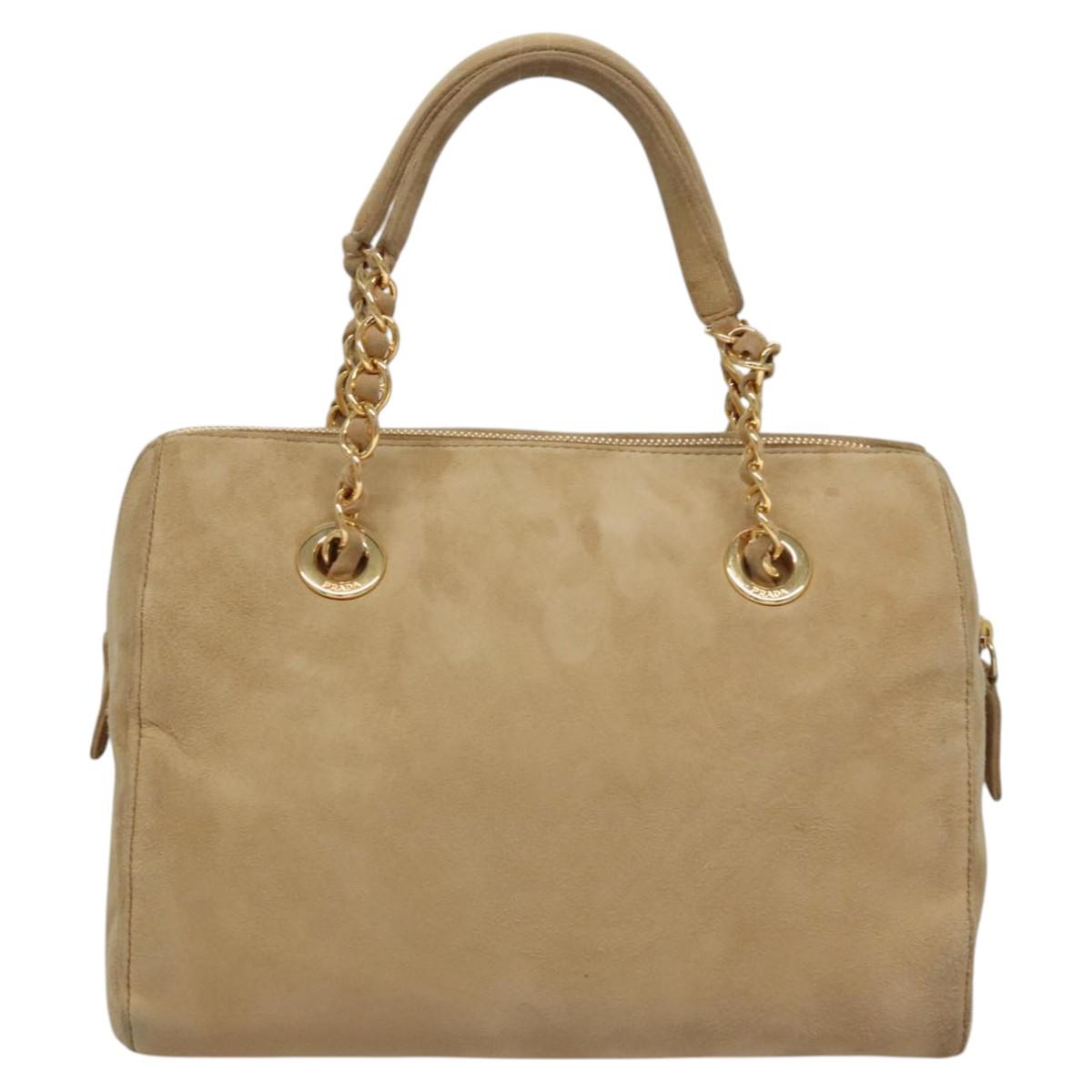 Prada Triangle Logo Beige Suede Handbag (Pre-Owned)
