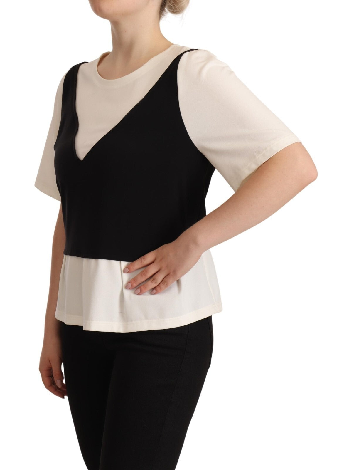 Boutique Moschino Black White Polyester Short Sleeves Top Women's Blouse (Pre-Owned)