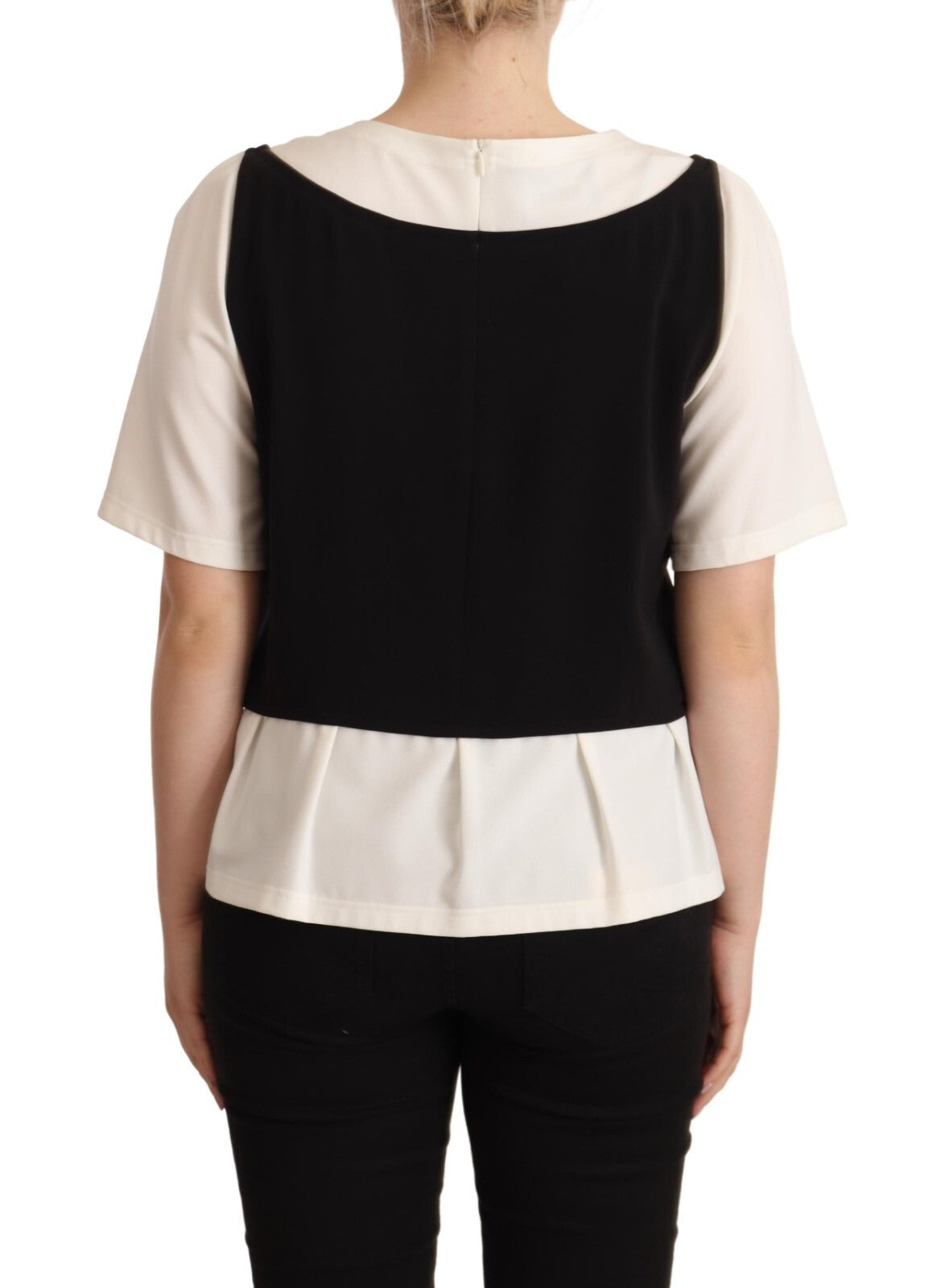 Boutique Moschino Black White Polyester Short Sleeves Top Women's Blouse (Pre-Owned)