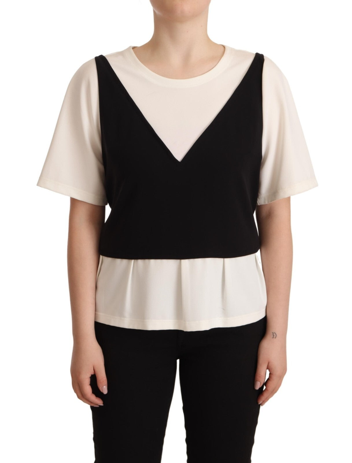 Boutique Moschino Black White Polyester Short Sleeves Top Women's Blouse (Pre-Owned)