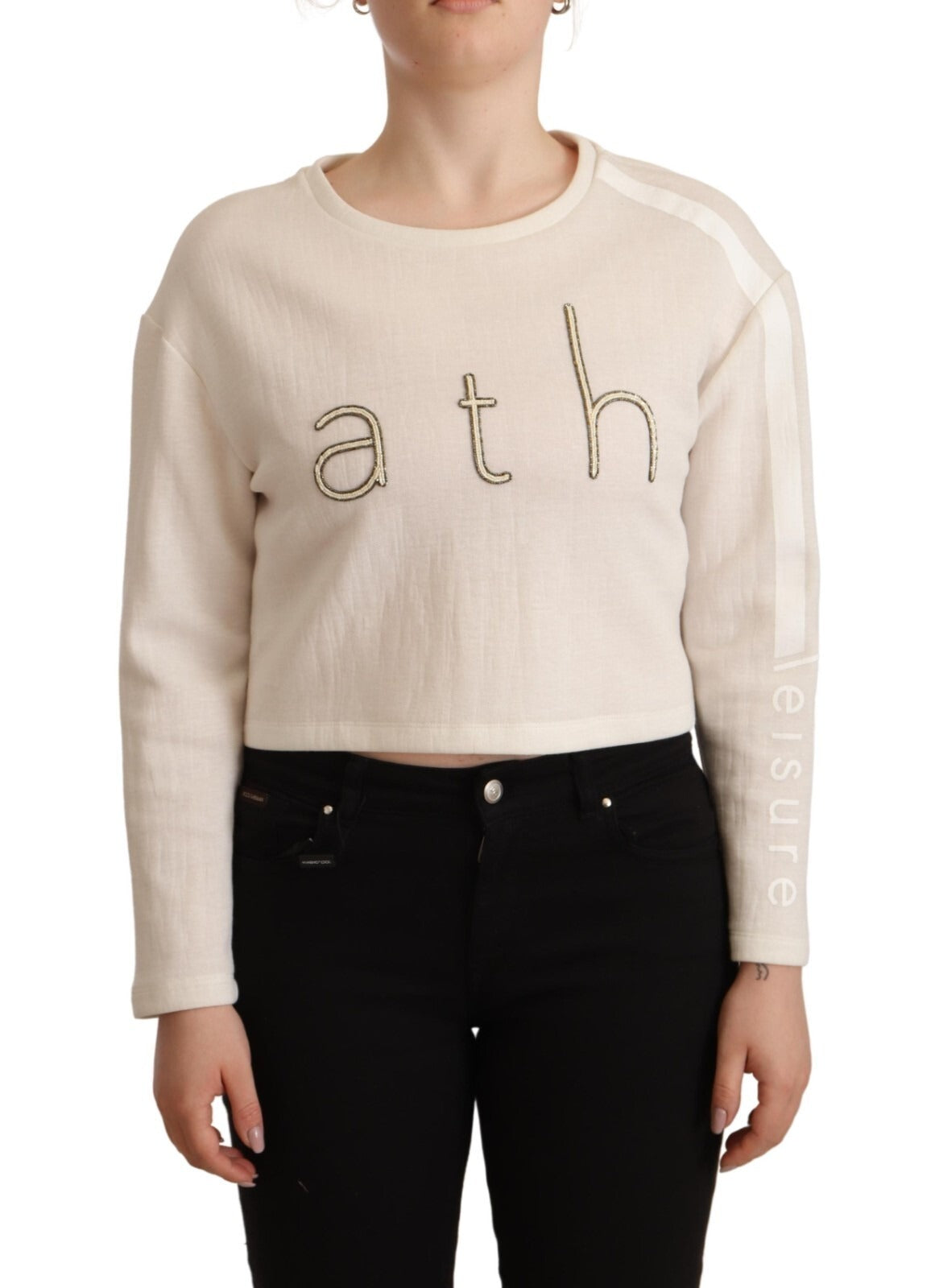 PINKO Beige Logo Long Sleeve Cropped Pullover Women's Sweater (Pre-Owned)