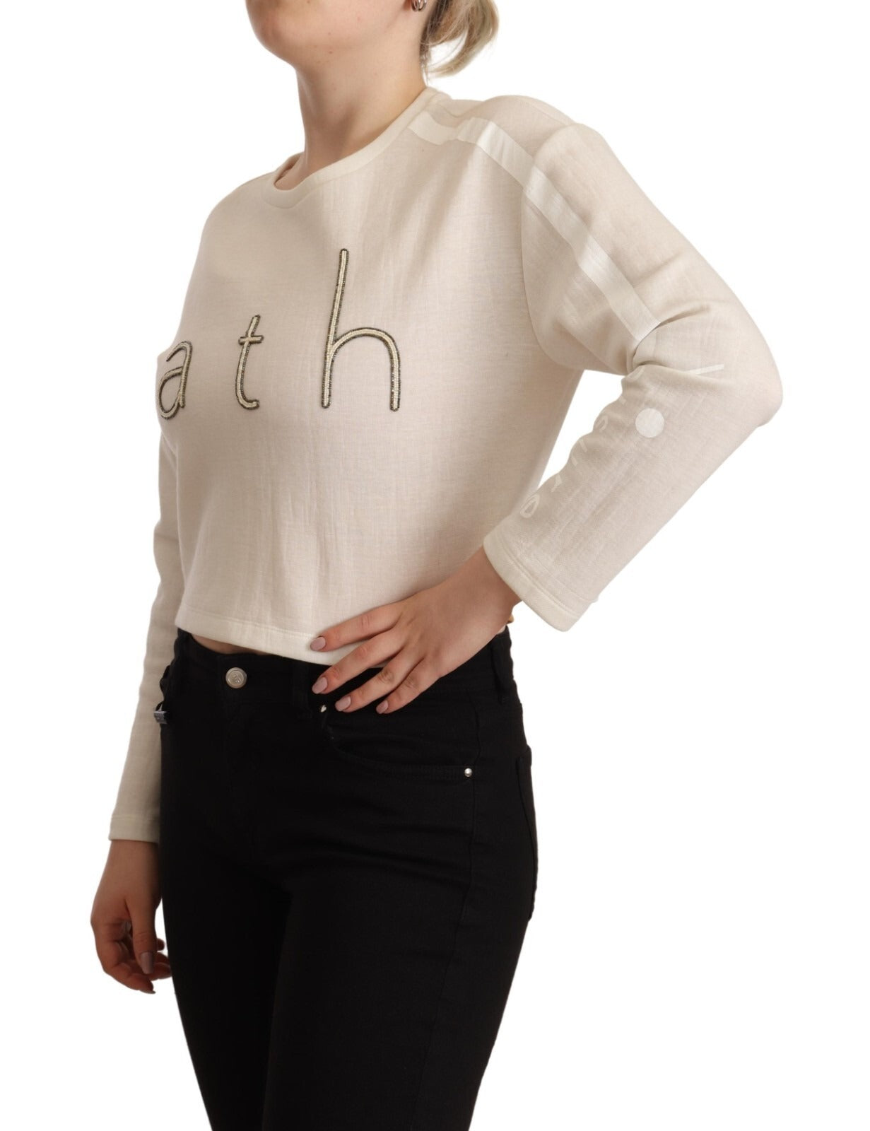 PINKO Beige Logo Long Sleeve Cropped Pullover Women's Sweater (Pre-Owned)