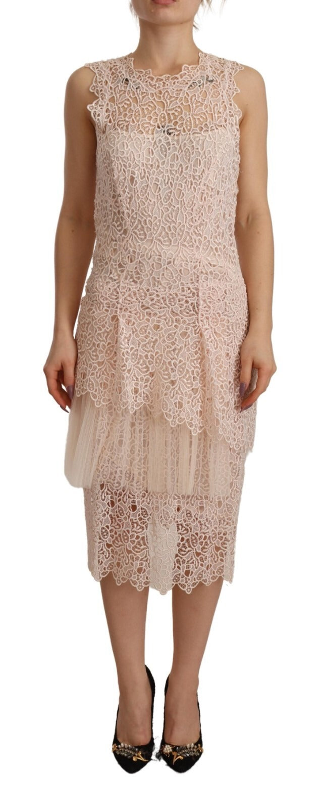 Ermanno Scervino Sheath Tiered Beige Viscose Sleeveless Midi Women's Dress (Pre-Owned)
