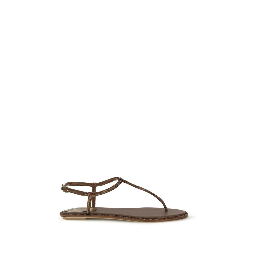 RENE CAOVILLA Brown Satin Flat Women's Sandals