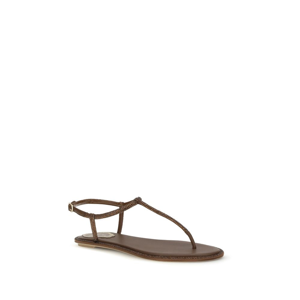 RENE CAOVILLA Brown Satin Flat Women's Sandals