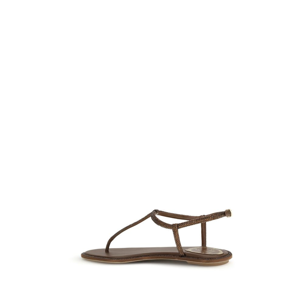 RENE CAOVILLA Brown Satin Flat Women's Sandals