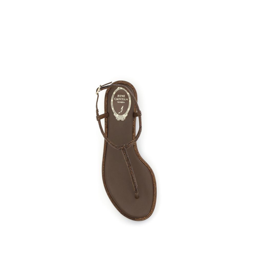 RENE CAOVILLA Brown Satin Flat Women's Sandals