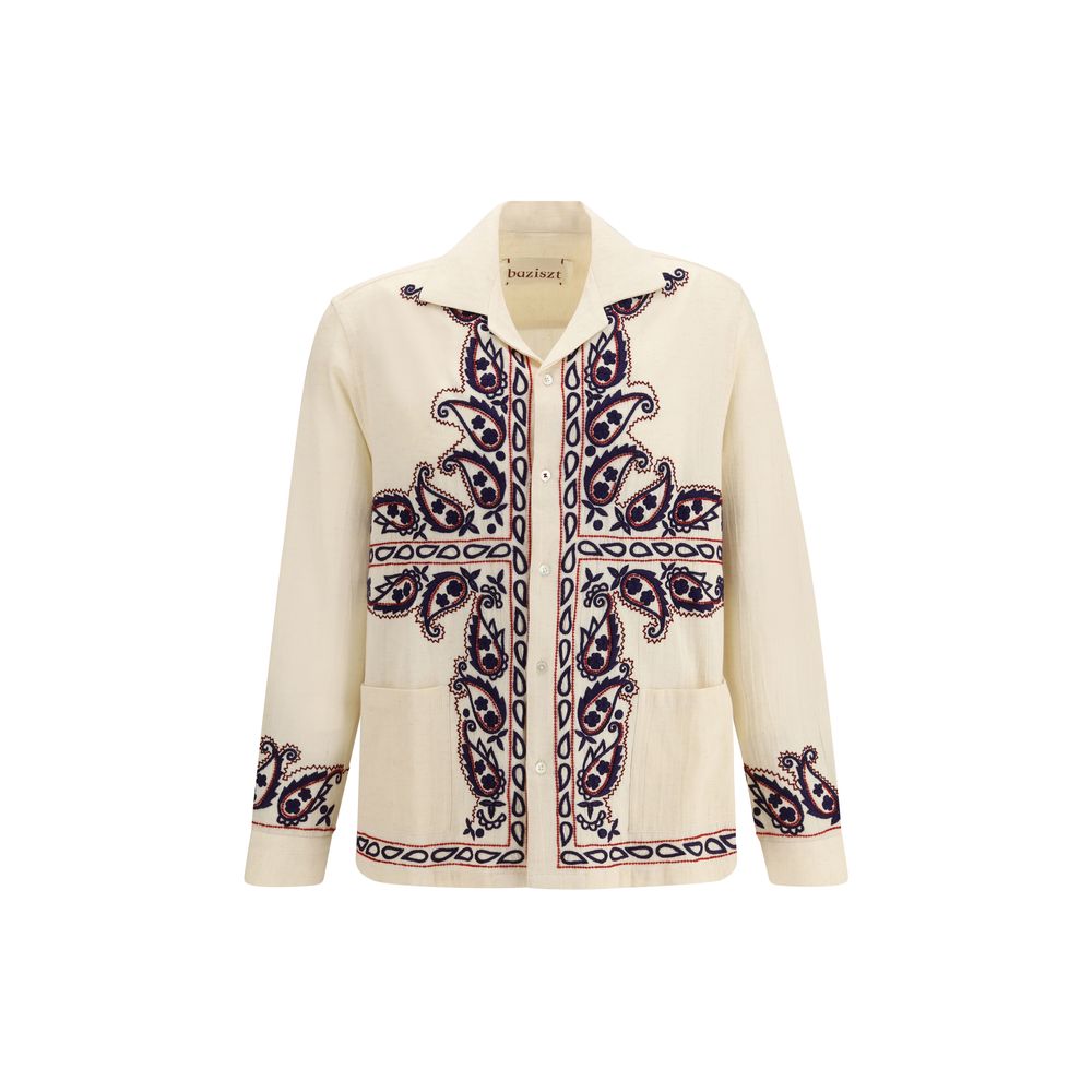 Baziszt Beige Silk Pattern Men's Shirt