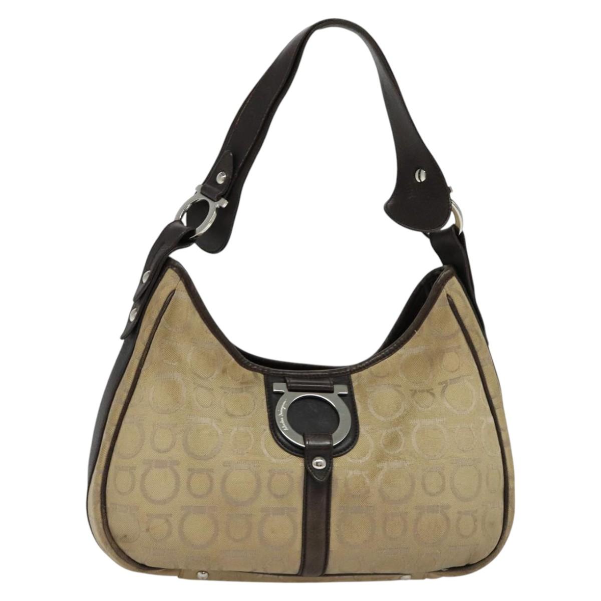 Salvatore Ferragamo Gancini Beige Canvas Shoulder Bag (Pre-Owned)
