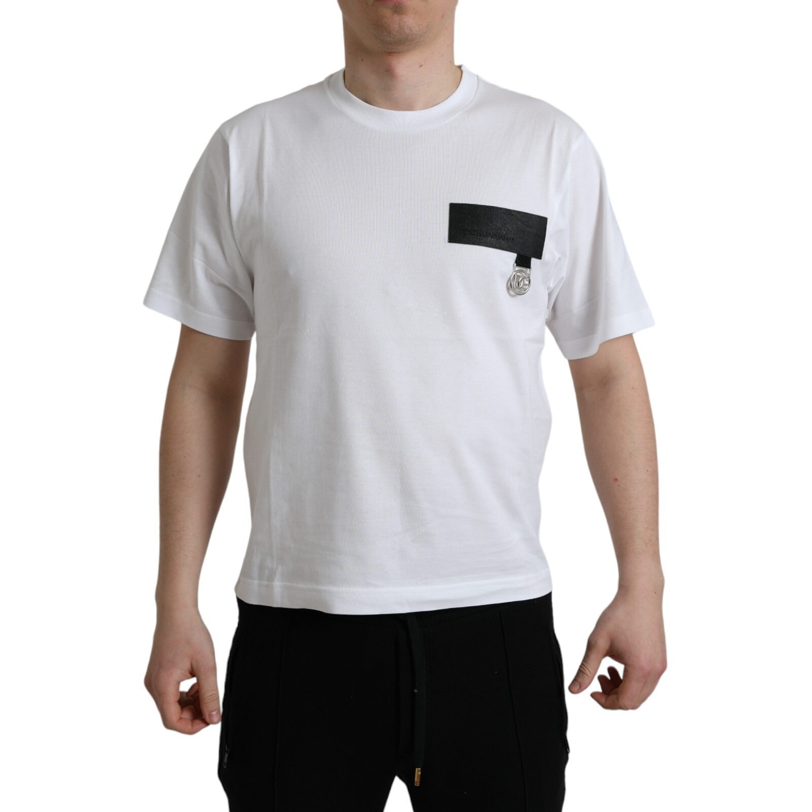 Dolce & Gabbana White Logo Patch Cotton Crew Neck Men's T-shirt (Pre-Owned)